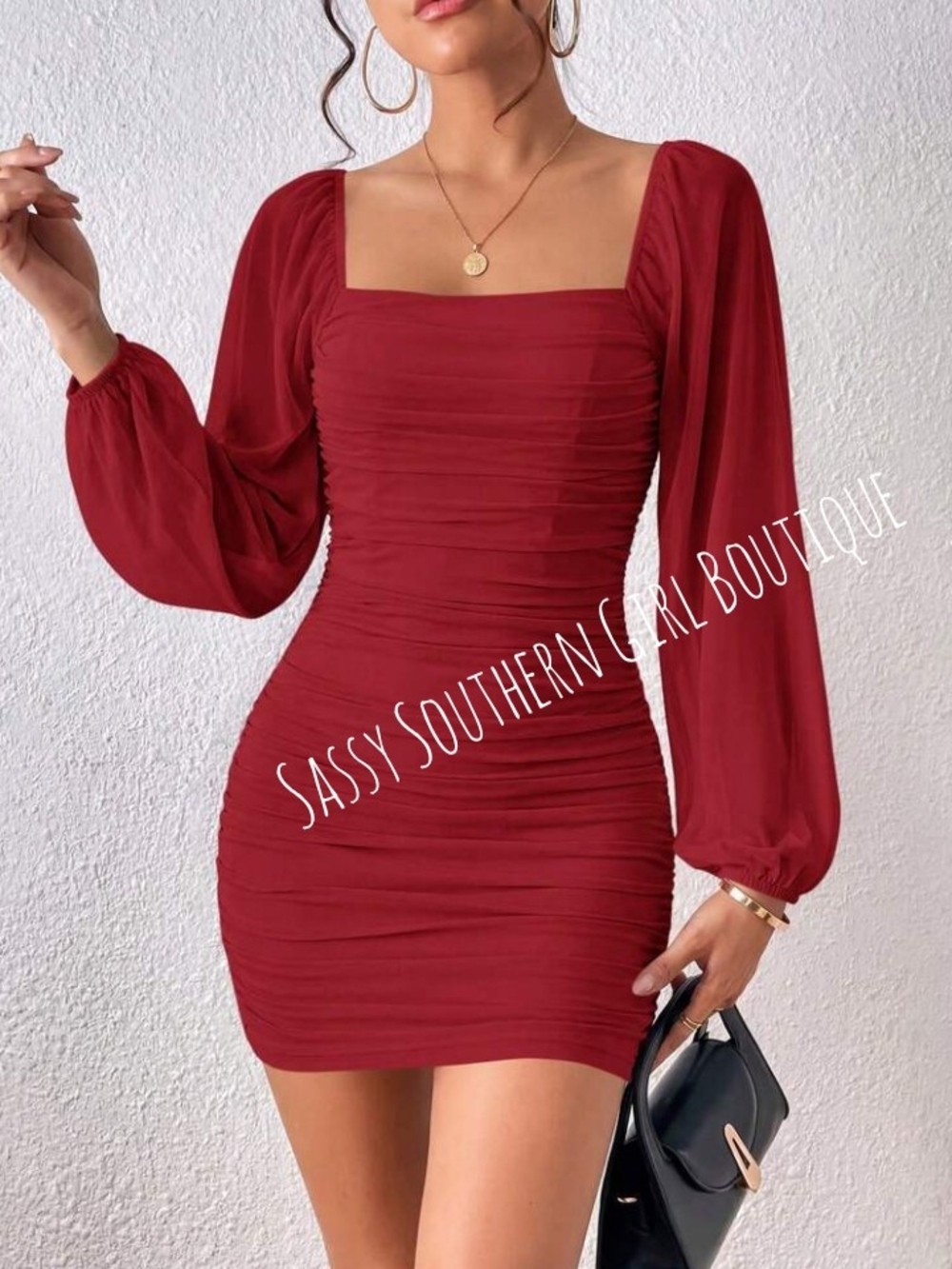 🆕⭐Red Ruched Long-Sleeve Mini Dress - Picture 4 of 13